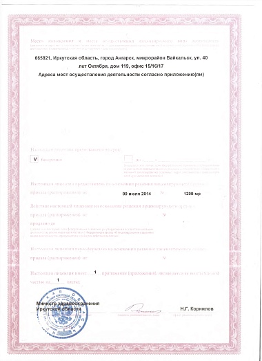 Медицинская лицензия № ЛО-38-01-001843 от 09.07.14 страница 2